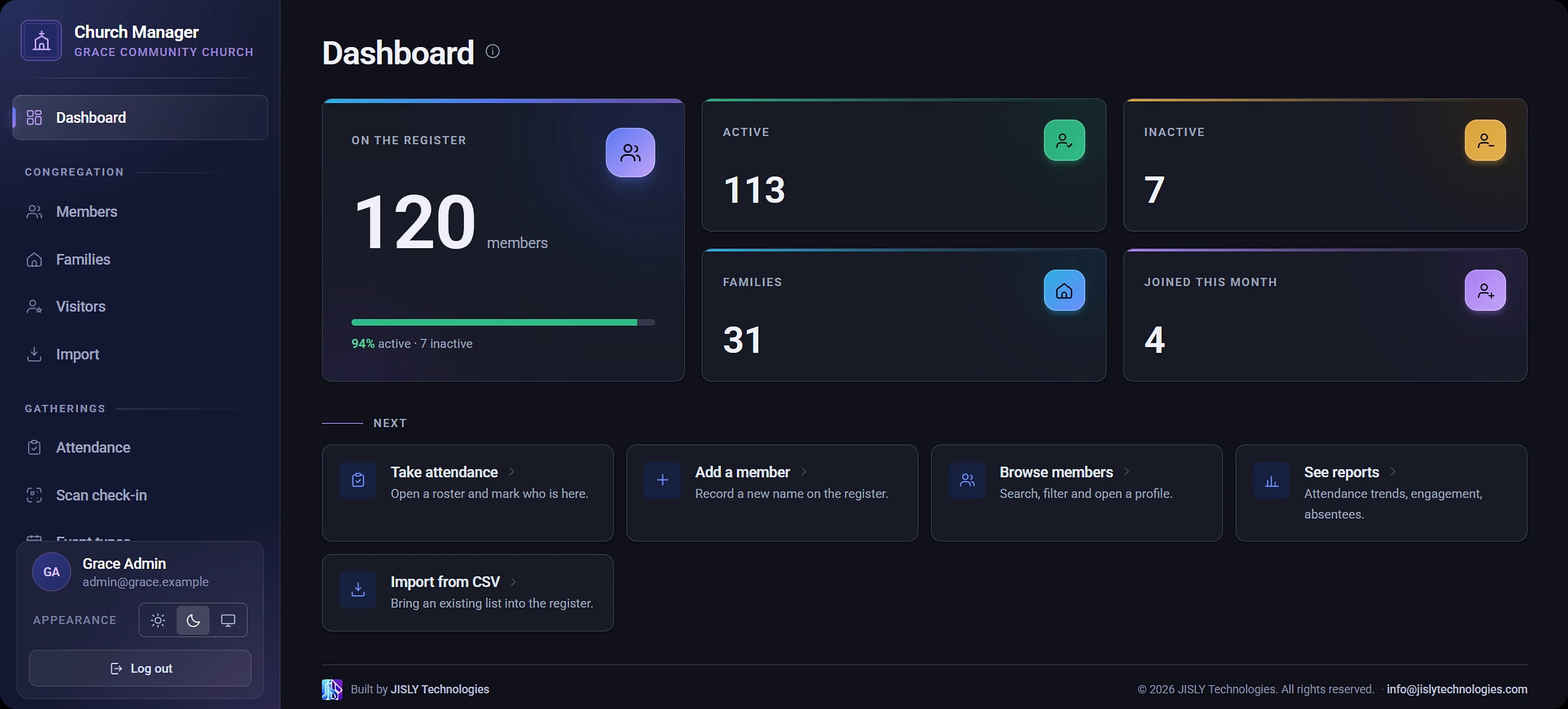 The same Church Manager dashboard in dark mode.