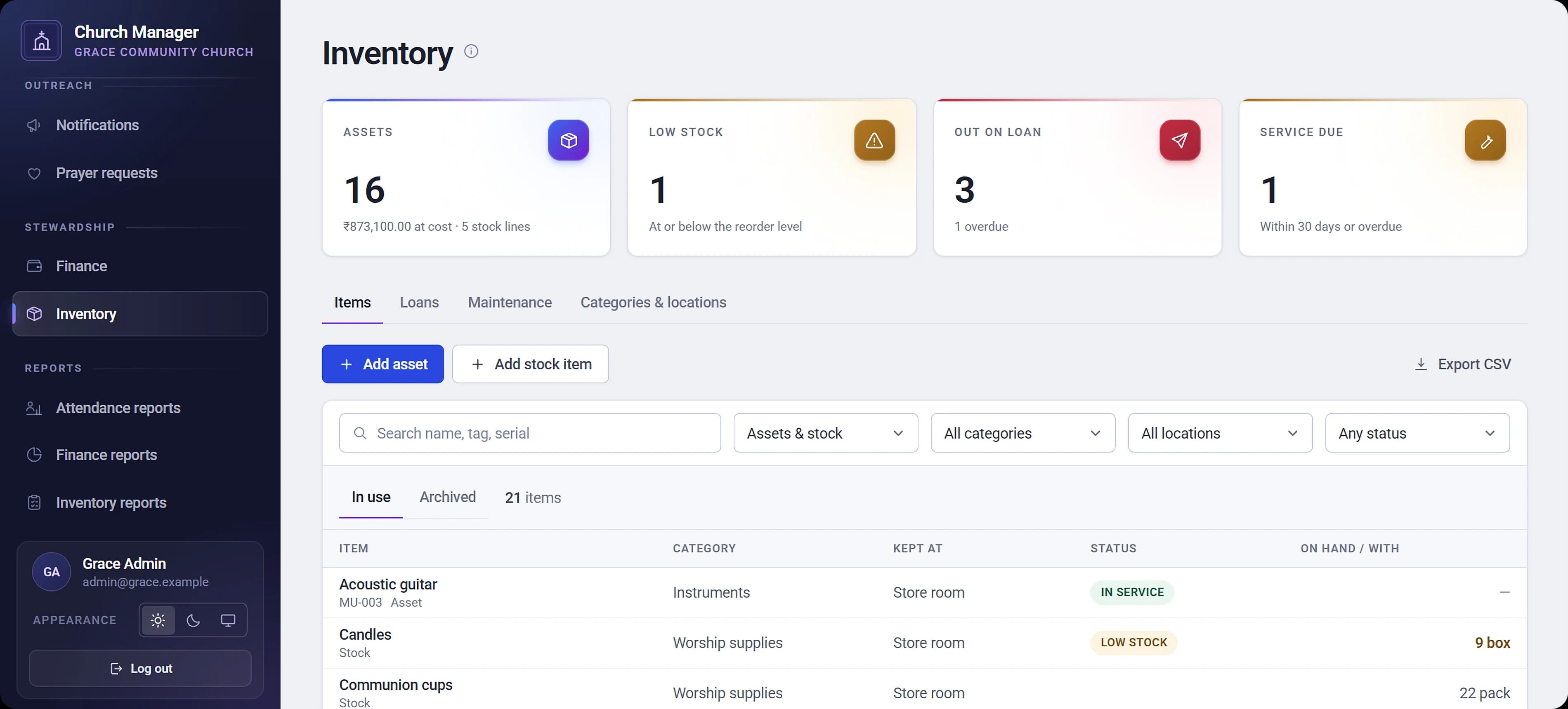 The inventory page, counting assets, low-stock items, items out on loan and items due for service, with tabs for items, loans, maintenance and categories and locations, above a filterable list of assets and stock.